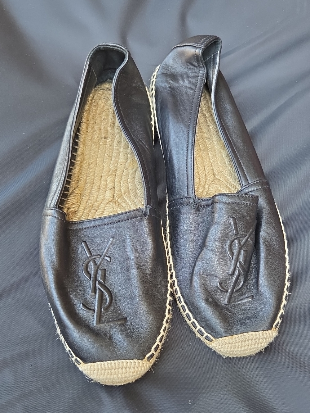 Saint Laurent Black Leather YSL Espadrille Slip-Ons